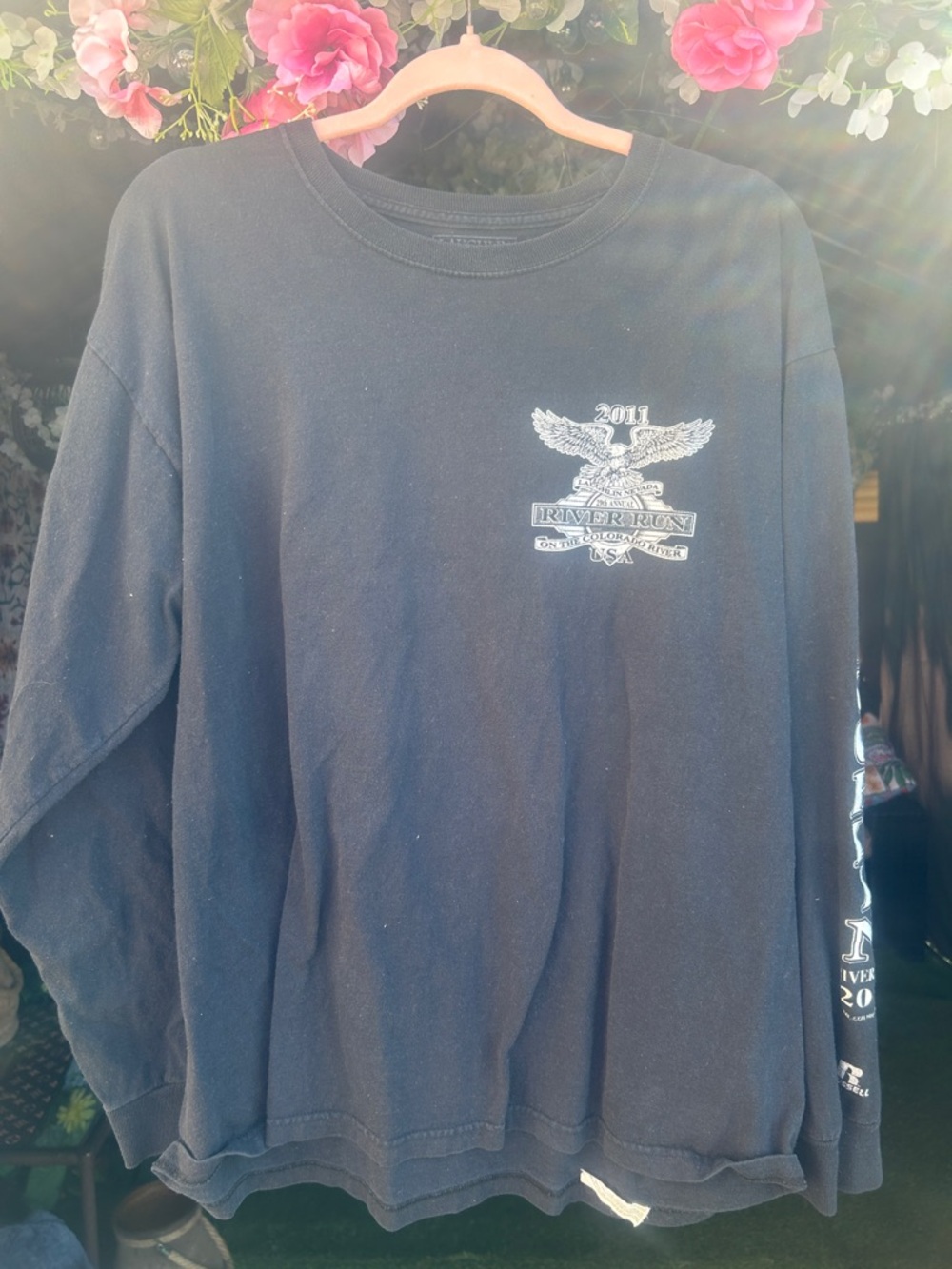 Russell Athletic Black Long Sleeve Tee with White Eagle & Sleeve Graphic